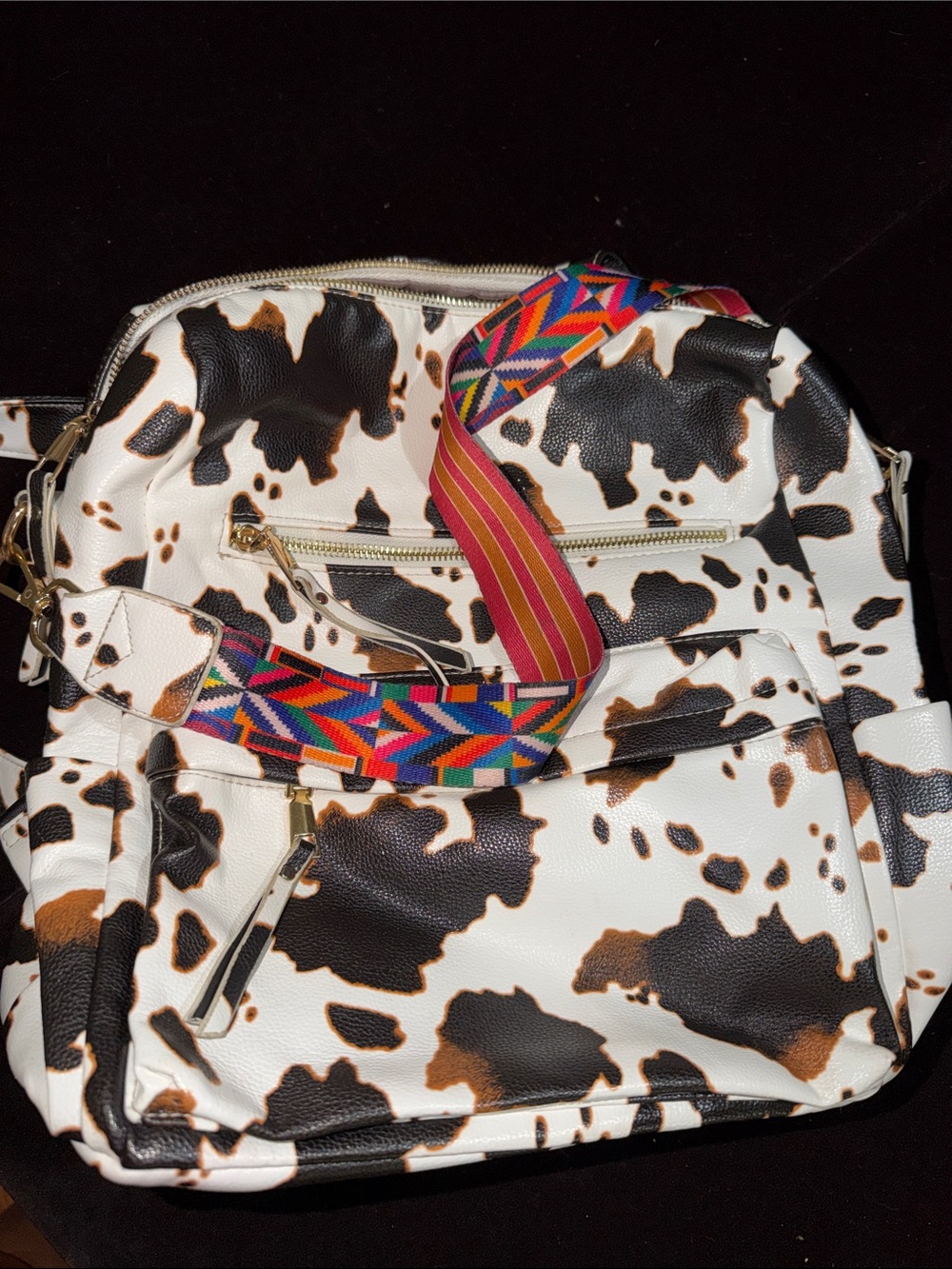 Cow Print Backpack Purse - White, Black & Brown - Picture 5 of 6